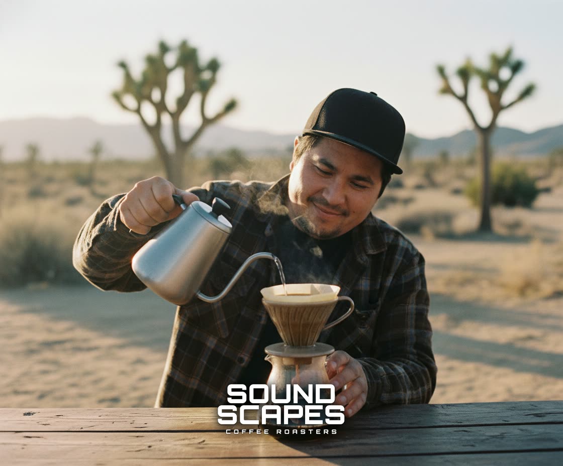 Brewing a pour-over in the desert at golden hour